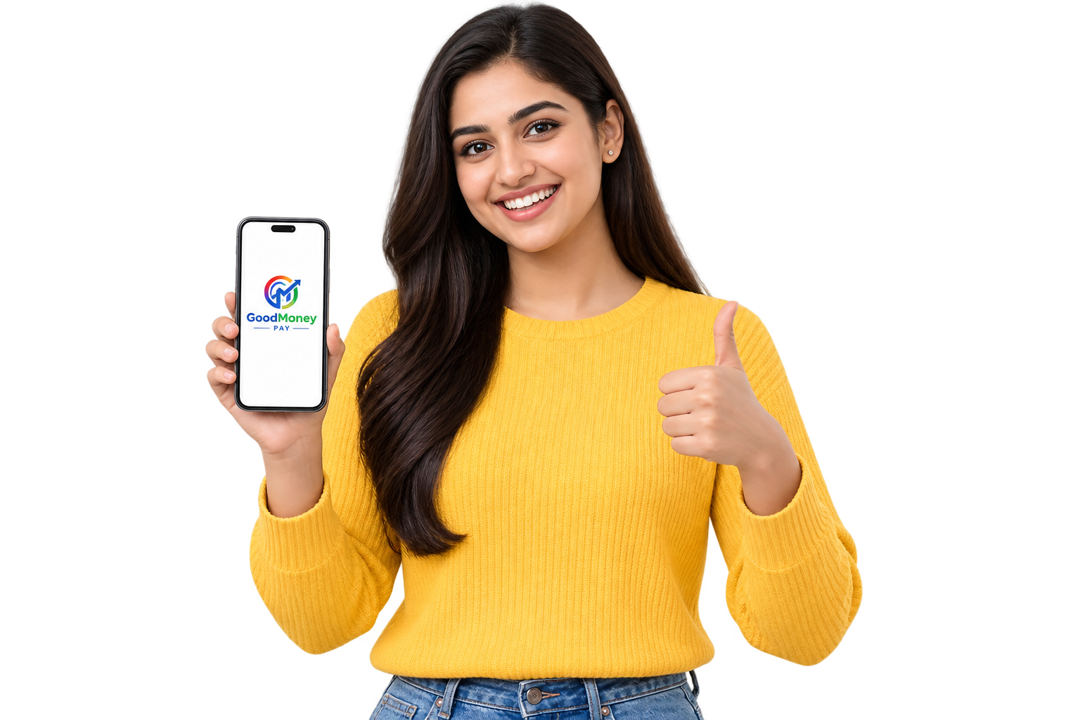 Customer holding a phone showing the GoodMoney Pay app